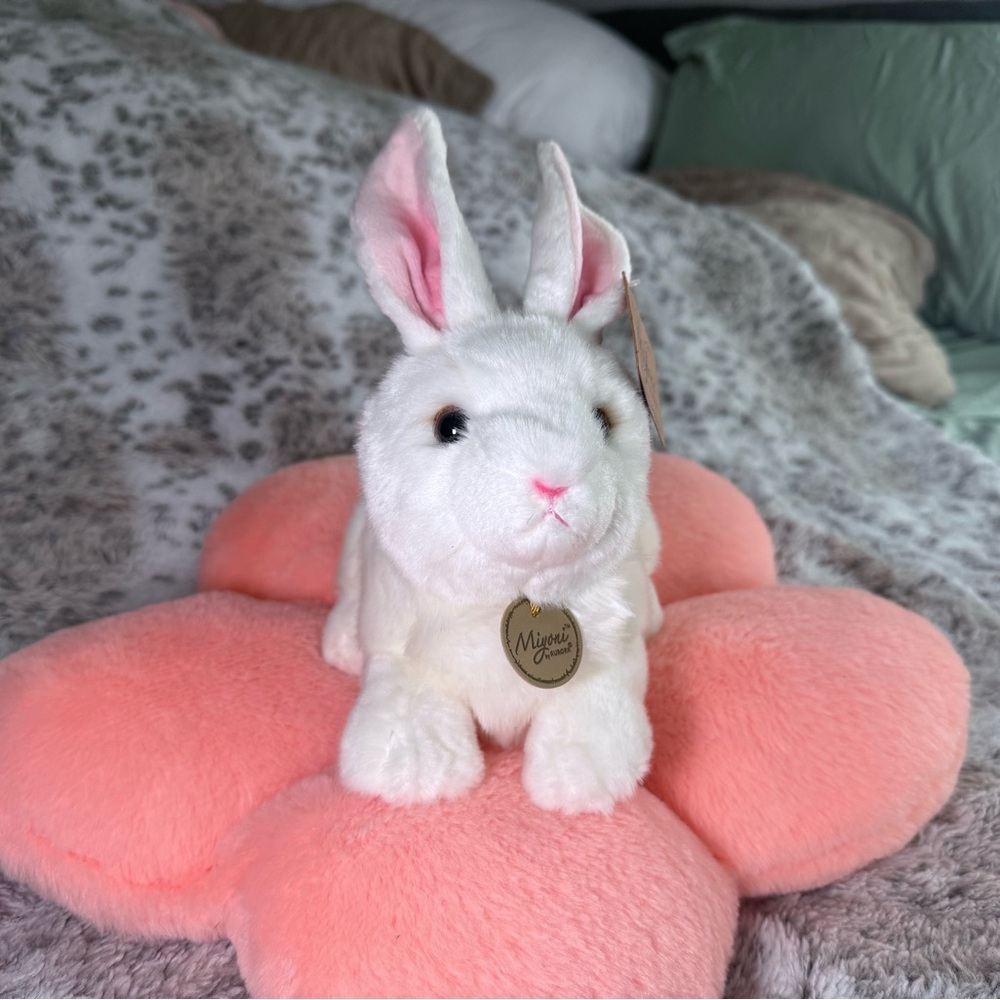 White Bunny Plush on Pink Flower Pillow -